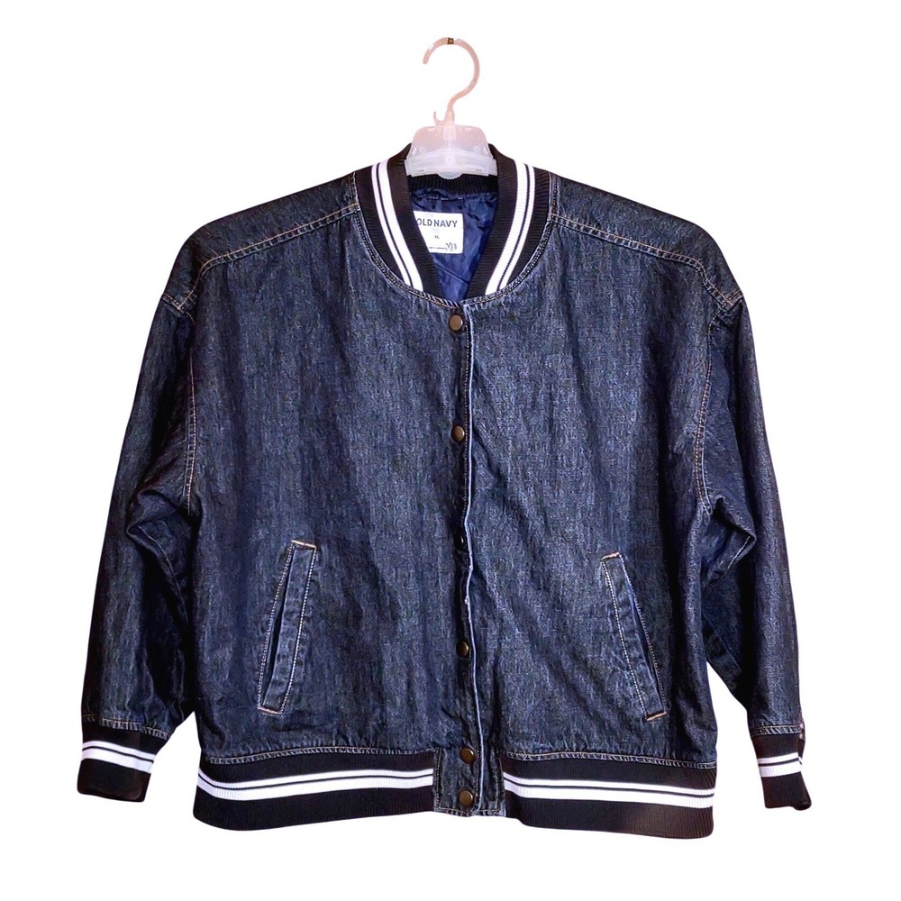 Old Navy Denim Bomber Jacket Mens XL Blue Good Striped Trim Snap Front Varsity